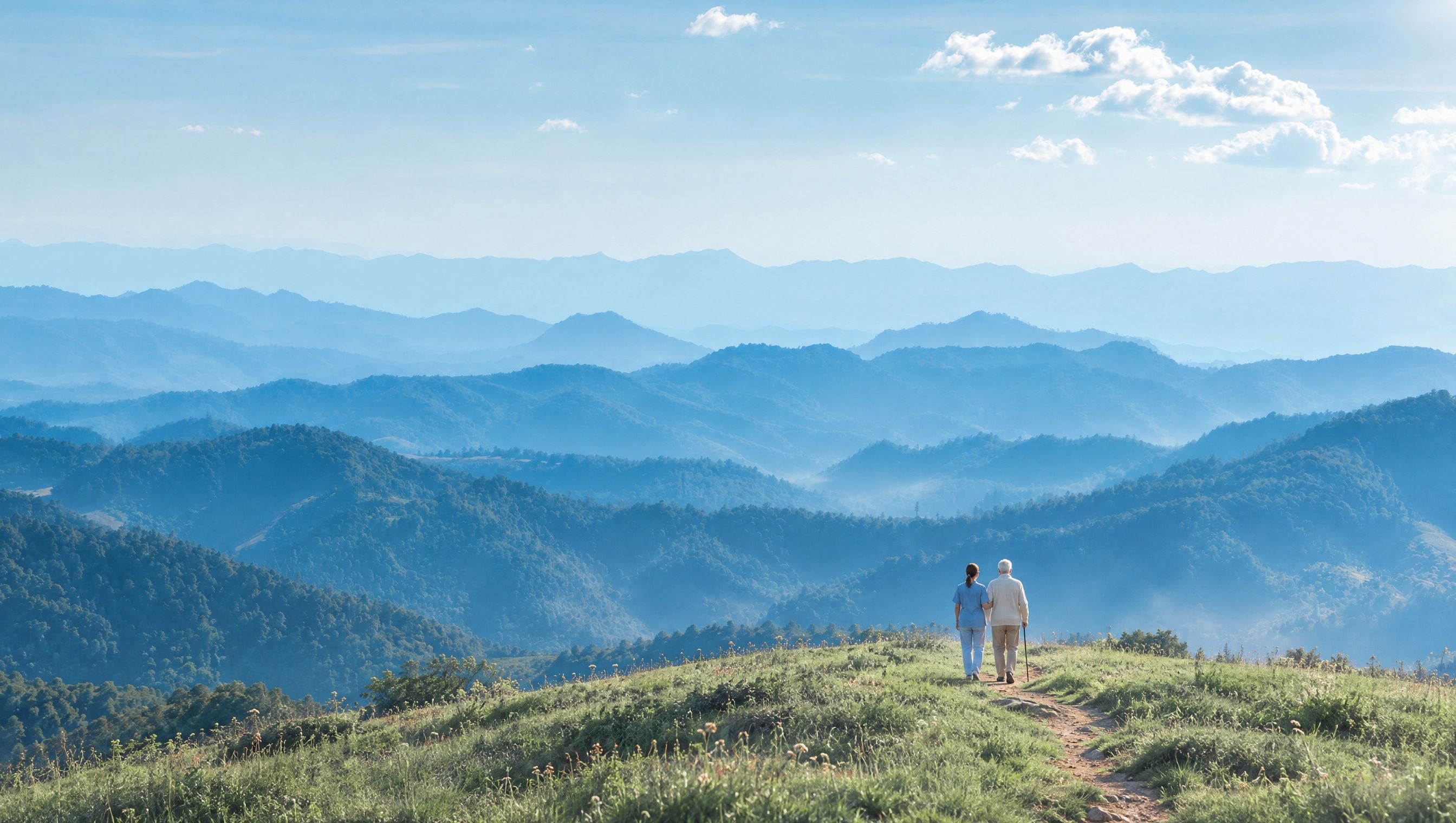 A caregiver walking arm in arm with an older man and his cane along a hilltop path above layers of blue mountains